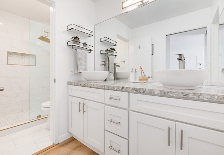 Double-vanity bathroom with walk-in shower